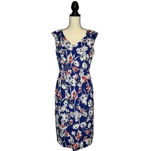 Ivanka Trump red white blue floral print sleeveless v neck sheath dress size 10